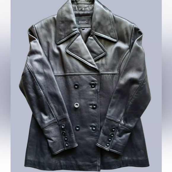 Guess Black Genuine Leather Double Breasted Jacket - Picture 1 of 16